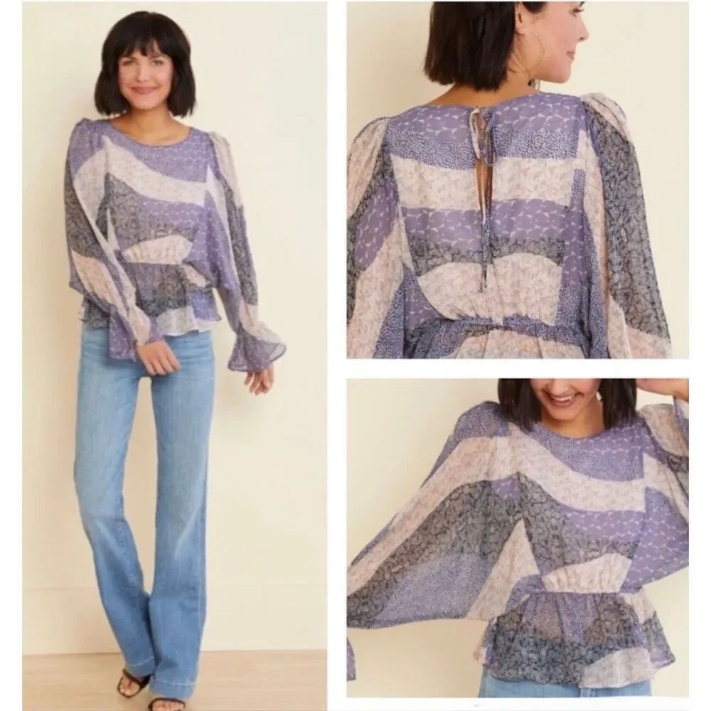BB Dakota Purple Patchwork Peplum Blouse Small